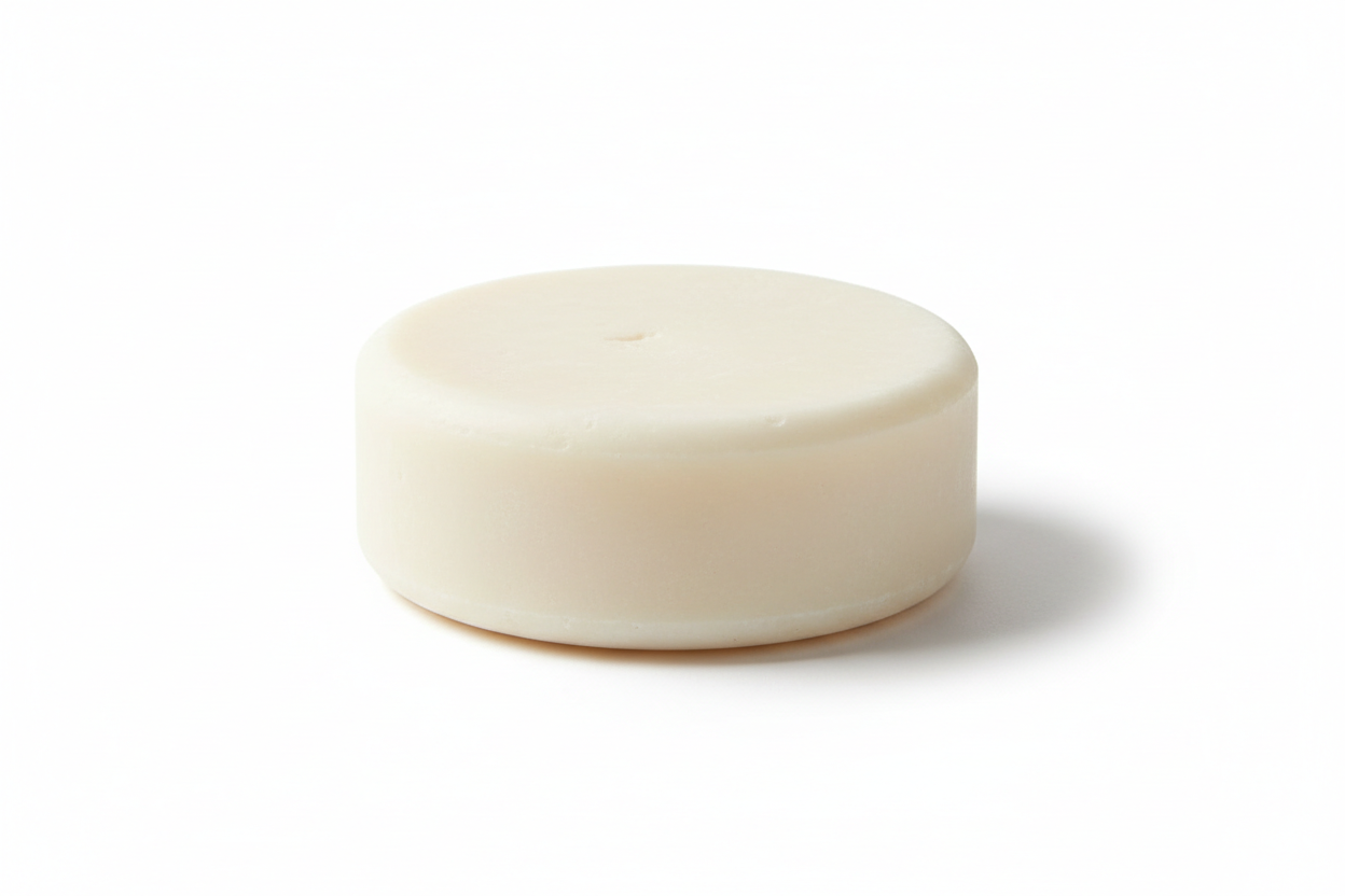 A solid conditioner bar in a short, wide puck shape with flat top and bottom, off-white to light cream color. The surface is mostly smooth with subtle natural imperfections, including a small shallow indentation and slight uneven texture consistent with a handcrafted solid conditioner bar. The edges are softly rounded with straight sides. Placed flat on a white seamless background. Soft, diffused studio lighting with gentle shadow directly beneath the bar. No packaging, no text, no labels, no props.