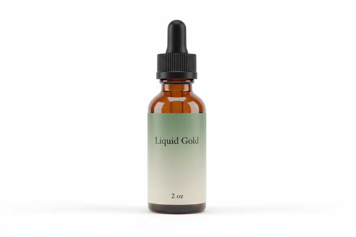 Create a clean studio product photo of a 2 oz amber dropper bottle with a black ribbed dropper top. The label must match a luxury minimalist style with a soft green to cream gradient. Print the text exactly as ‘Liquid Gold’ in a classic serif font identical to Baskerville or Garamond, centered in the upper area of the label. At the bottom of the label, print ‘2 oz’ in the same exact serif font. Do not change the font. Do not change the text. Use a white background with soft shadows.