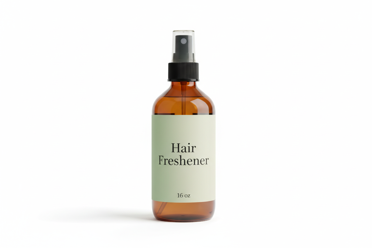 Create a high-quality studio product photo of a 16 oz amber spray bottle with a black fine mist sprayer. The label should have a soft green to cream gradient with centered text reading ‘Hair Freshener.’ Add ‘16 oz’ at the bottom of the label in simple, clean typography. Keep the background white with soft shadows, matching luxury hair care branding.