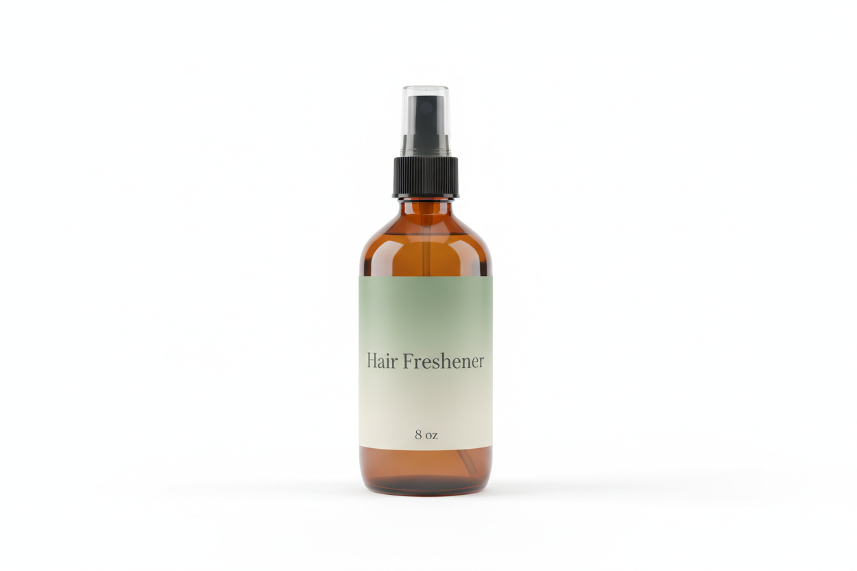 Create a high-quality studio product photo of an 8 oz amber spray bottle with a black fine mist sprayer. The label should fade from soft green to cream with minimal, centered text reading ‘Hair Freshener.’ Add ‘8 oz’ at the bottom of the label in clean, simple typography. Use a white background with soft shadows in a luxury product style