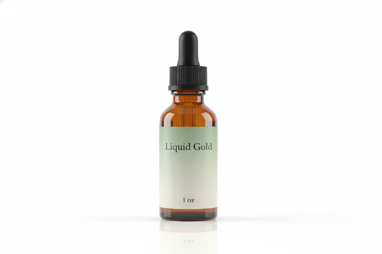 Create a studio product photo of a 1 oz amber glass dropper bottle with a black ribbed dropper top. The label must have a soft green to cream gradient identical to a minimalist skincare aesthetic. Print the text exactly as ‘Liquid Gold’ in a classic serif font similar to Baskerville or Garamond, centered in the upper area of the label. Print ‘1 oz’ at the bottom center in the same serif font. Keep the spacing, font weight, and layout identical to a luxury apothecary label. White background, soft shadows