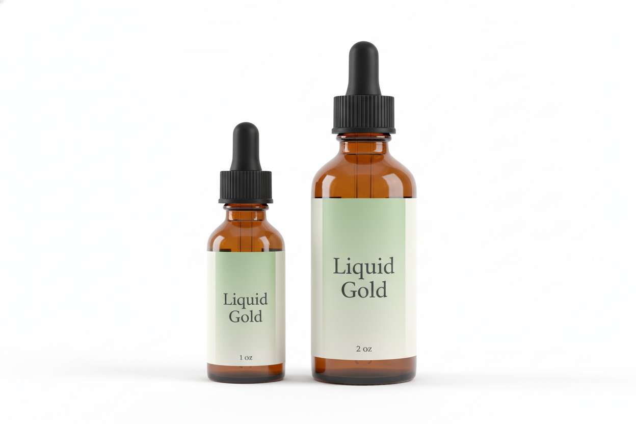 Create a studio product photo of two amber dropper bottles, 1 oz and 2 oz, both with black ribbed dropper tops. The labels must match exactly: soft green to cream gradient, centered serif text reading ‘Liquid Gold’ in a Baskerville or Garamond style font. At the bottom of each label, print the correct size as ‘1 oz’ and ‘2 oz’ in the same serif font. Place both bottles side by side on a white background with soft shadows. Do not change the font or text.