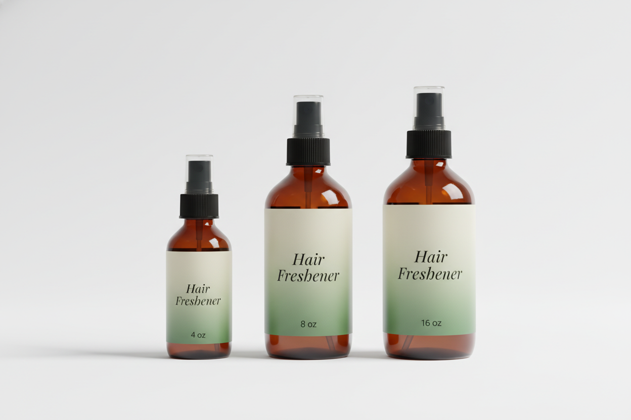 Generate a high-quality studio image with three amber spray bottles (4 oz, 8 oz, 16 oz). Each bottle must use a sleek black fine mist sprayer. The label text must be printed exactly as ‘Hair Freshener’ with the exact size written at the bottom as ‘4 oz,’ ‘8 oz,’ and ‘16 oz.’ Make sure the text is centered, sharp, and readable. Use a green-to-cream gradient label with a luxury minimal design and a white background.