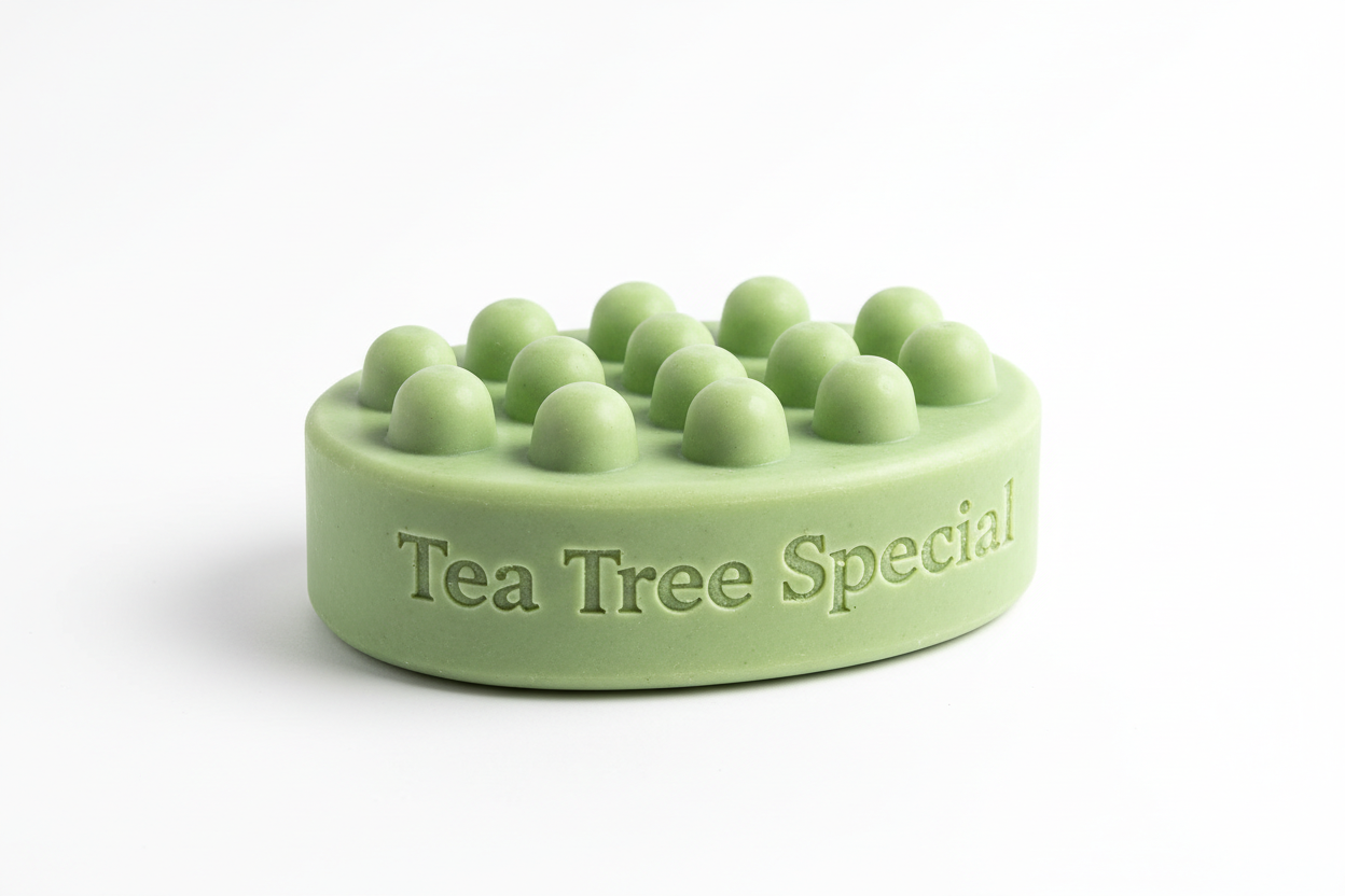 Generate a light green oval massage shampoo bar with exactly 13 rounded nubs on top. Add the engraved text ‘Tea Tree Special’ vertically along the side of the bar, not printed. The bar should be 5 oz size, taller and wider than the mini version. Clean studio background with soft shadows, professional product photo.